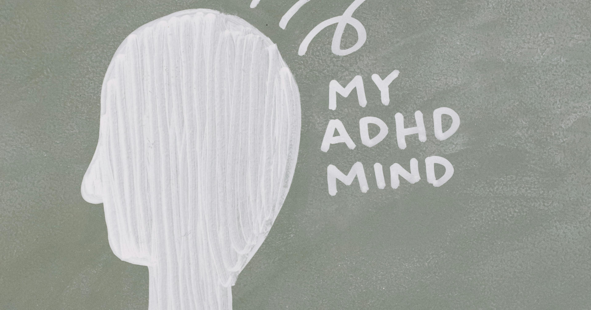ADHD Mind illustration. Head silhouette with 'My ADHD Mind' text, representing ADHD mental health and neurological condition.